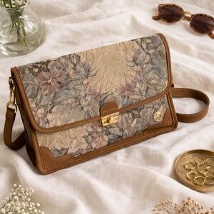 Vintage Etienne Aigner Floral Tapestry Crossbody Bag Suede Trim Clasp Closure